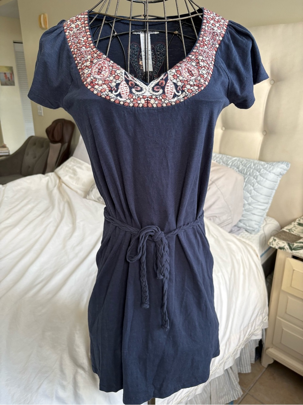 Lucky Brand Navy Scoop-Neck Embroidered Tie-Waist Dress